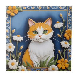 Floral Cats - Ginger Cat Orange White Flowers Blue Tegeltje