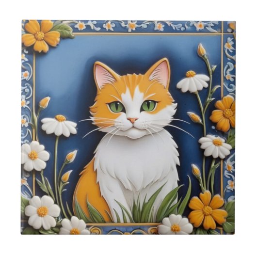 Floral Cats - Ginger Cat Orange White Flowers Blue Tegeltje (Voorkant)
