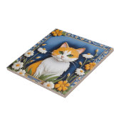 Floral Cats - Ginger Cat Orange White Flowers Blue Tegeltje (Zijkant)