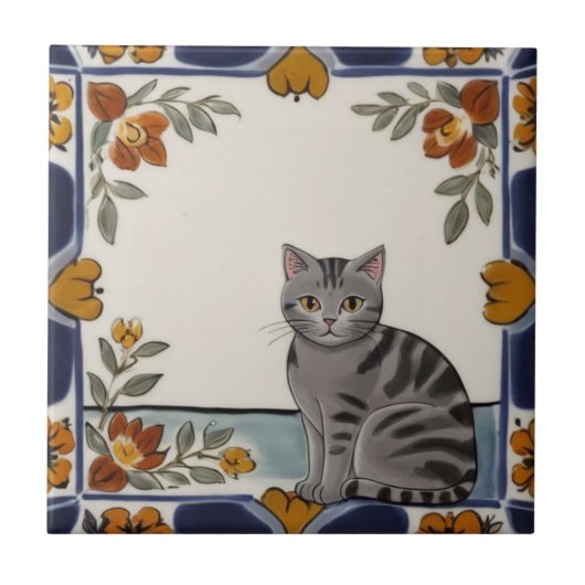 Floral Cats - Grey Tabby Cat & Orange Red Flowers Tegeltje (Voorkant)