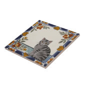 Floral Cats - Grey Tabby Cat & Orange Red Flowers Tegeltje (Zijkant)