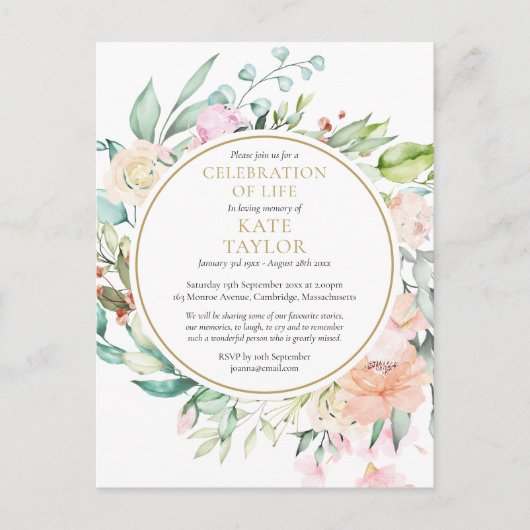 Floral Celebration of Life Funeral Invitation Aankondigingskaart (Voorkant)