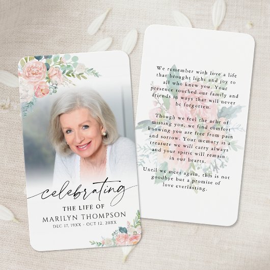 Floral Celebration of Life Photo Prayer Card Visitekaartje