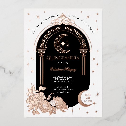 Floral Celestial Moon Star Tiara Quinceanera Foto Folie Uitnodiging (Voorkant)