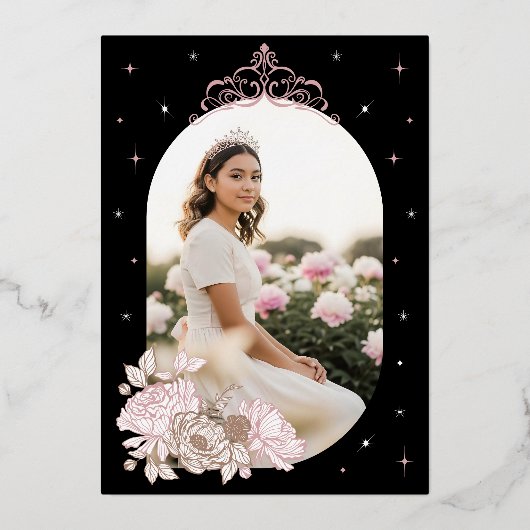 Floral Celestial Moon Star Tiara Quinceanera Foto Folie Uitnodiging (Achterkant)