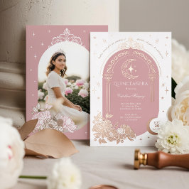 Floral Celestial Moon Star Tiara Quinceanera Foto Folie Uitnodiging