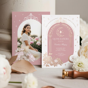 Floral Celestial Moon Star Tiara Quinceanera Foto Folie Uitnodiging