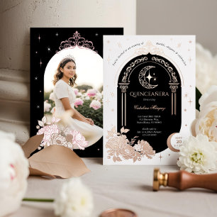 Floral Celestial Moon Star Tiara Quinceanera Foto Folie Uitnodiging
