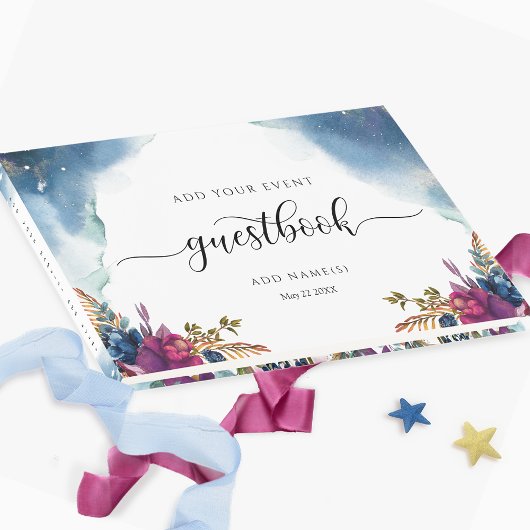 Floral Celestial, Starry Blue Blauwgroen en Paars Gastenboek