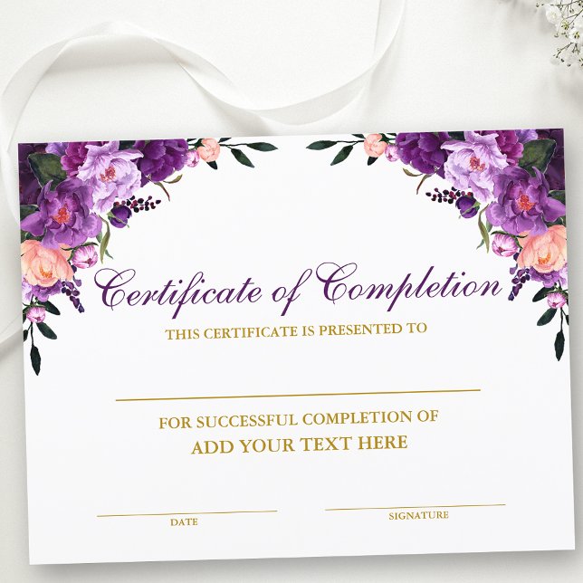 Floral Certificate of CompleTING Paars Gold (Customize to change text size, text style or text color.)