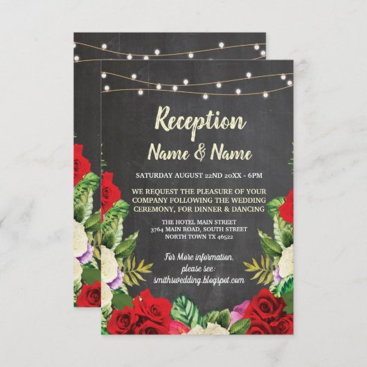 Floral Chalk Rustic Wedding Reception Red Roses Kaart (Voorkant / Achterkant)