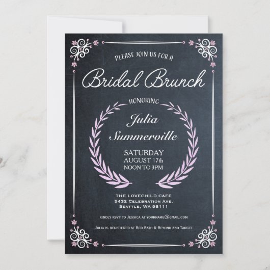 Floral Chalkboard Bridal Brunch Invitations Pink Kaart (Voorkant)