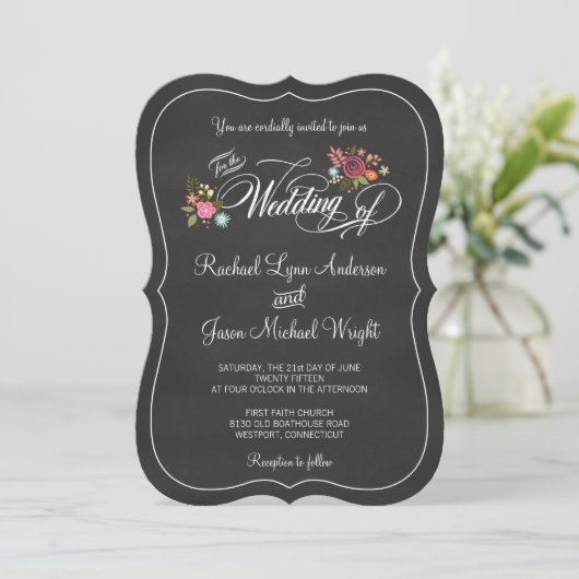 Floral Chalkboard Rustic Wedding Invitations Kaart (Staand voorkant)