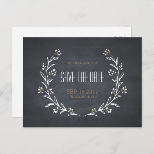 Floral chalkboard rustige bruiloft behalve de datu aankondigingskaart (Voorkant / Achterkant)