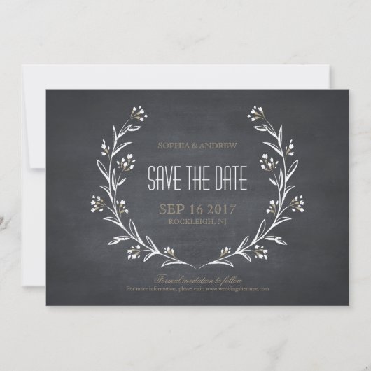 Floral chalkboard rustige bruiloft behalve de datu save the date (Voorkant)