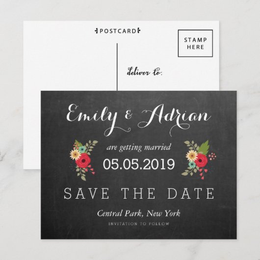 Floral Chalkboard Save the Date Briefkaarten (Voorkant / Achterkant)