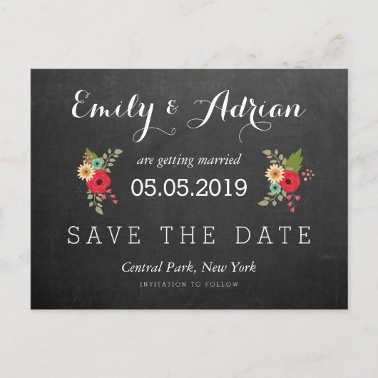 Floral Chalkboard Save the Date Briefkaarten (Voorkant)