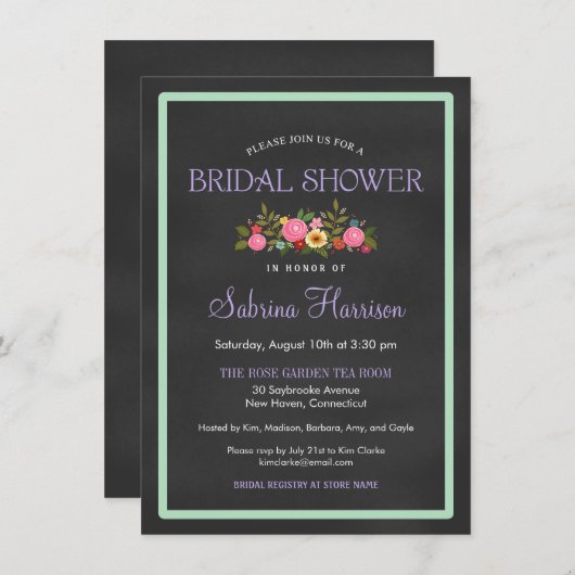 Floral Chalkboard Style Bridal Shower-uitnodiginge Kaart (Voorkant / Achterkant)