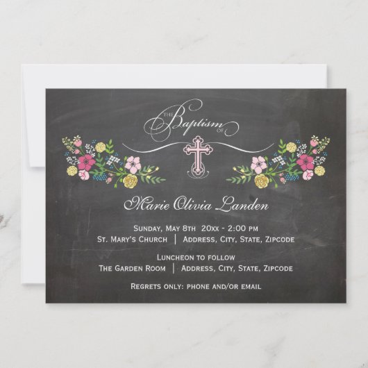 Floral Chalkboard | Uitnodiging voor Girl Baptism (Voorkant)