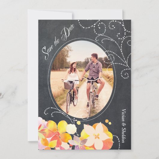 Floral Chalkboard Wedding Photo Save the Date Kaart (Voorkant)