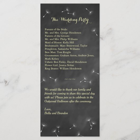 Floral Chalkboard Wedding Programme (geel) Programmakaart (Achterkant)