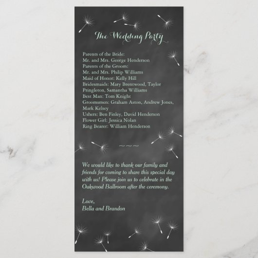 Floral Chalkboard Wedding Programme (mint) Programmakaart (Achterkant)