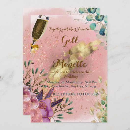 Floral Champagne bruiloft Kaart (Voorkant / Achterkant)