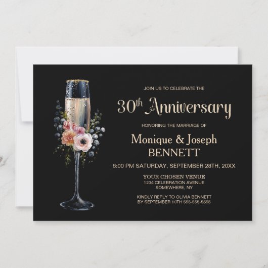 Floral Champagne Glass 30th Wedding Anniversary Kaart (Voorkant)