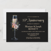 Floral Champagne Glass 35th Wedding Anniversary Kaart (Voorkant)