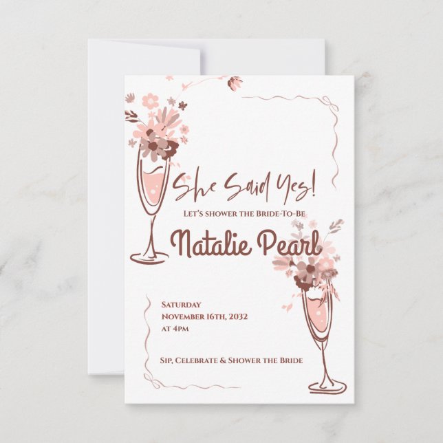 Floral Champagne She Said Yes Bridal Shower Invite (Voorkant)
