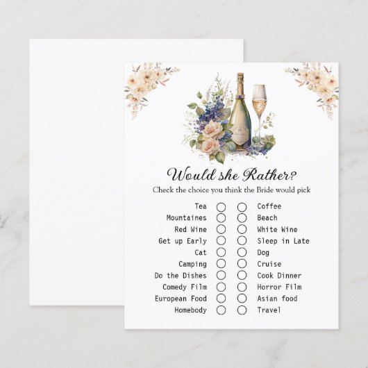 Floral Champagne Vrijgezellenfeest Game Kaart (Voorkant / Achterkant)