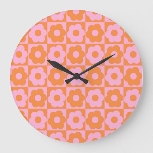 Floral Checker Pink Orange Grote Klok (Voorkant)