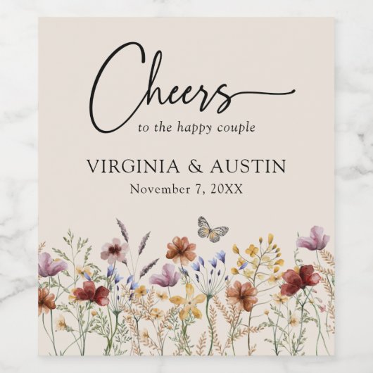 Floral Cheers Wedding Wijn Etiket (Enkel label)