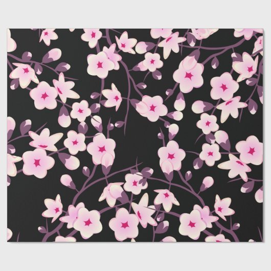 Floral Cherry Blosbezroze Black Cadeaupapier (Vlak)