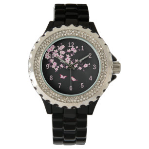 Floral Cherry Blosbezroze Black Horloge