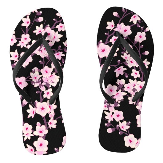 Floral Cherry Blosbezroze Black Teenslippers (Voetbed)