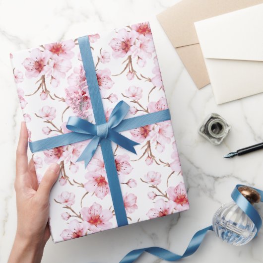 Floral Cherry Blosbezroze White Cadeaupapier (Geschenken)