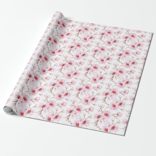 Floral Cherry Blosbezroze White Cadeaupapier (Uitgerold)