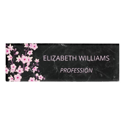 Floral Cherry Blosbezroze zwarte marmer Naambadge (Voorkant)