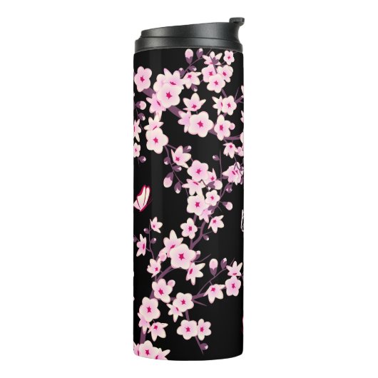 Floral Cherry Blossingroze Monogram Thermosbeker (Gedraaid links)