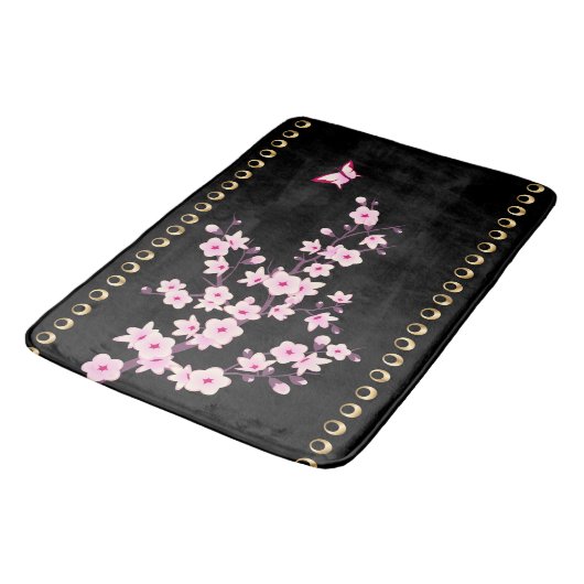 Floral Cherry Blossom Black Pink Gold Lines Badmat (Gekanteld)
