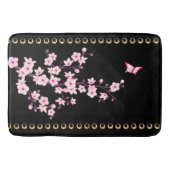 Floral Cherry Blossom Black Pink Gold Lines Badmat (Voorkant)