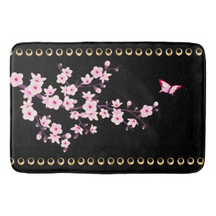 Floral Cherry Blossom Black Pink Gold Lines Badmat
