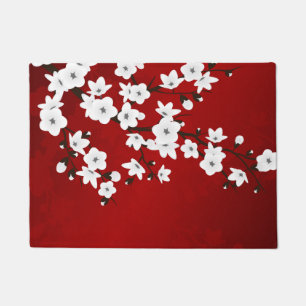 Floral Cherry Blossom Black Red White Deurmat