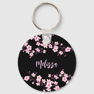 Floral Cherry Blossom Black Roze Sleutelhanger