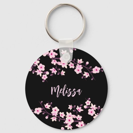 Floral Cherry Blossom Black Roze Sleutelhanger (Voorkant)