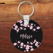 Floral Cherry Blossom Black Roze Sleutelhanger (Voorkant)