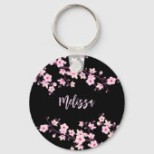 Floral Cherry Blossom Black Roze Sleutelhanger (Voorkant)