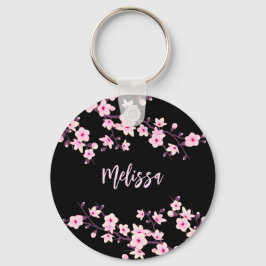 Floral Cherry Blossom Black Roze Sleutelhanger