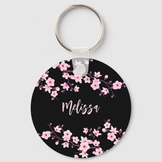 Floral Cherry Blossom Black Roze Sleutelhanger (Voorkant)